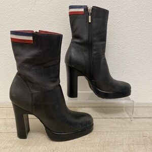 VTG Tommy Hilfiger Logo Boots 6M Black Leather Platform Block Heel Grunge‎ Y2K